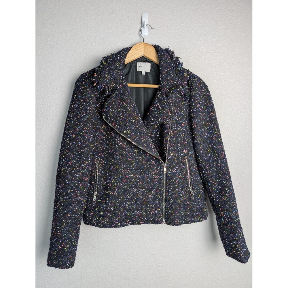 Warehouse Jacket Womens UK 12 Black Tweed Biker Collared Full Zip Pockets Short
